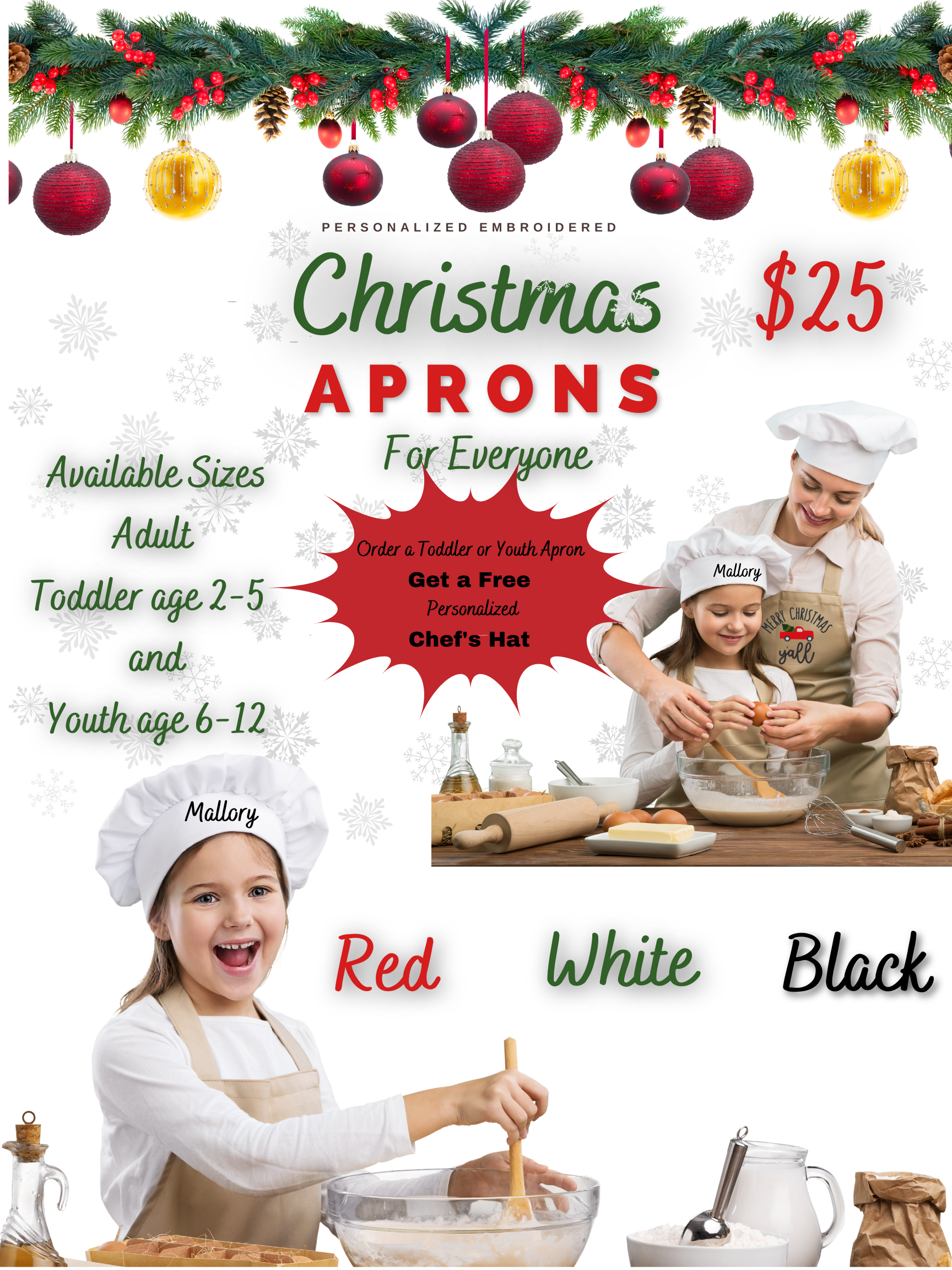 Personalized Embroidered Christmas Apron and FREE Chef's Hat.