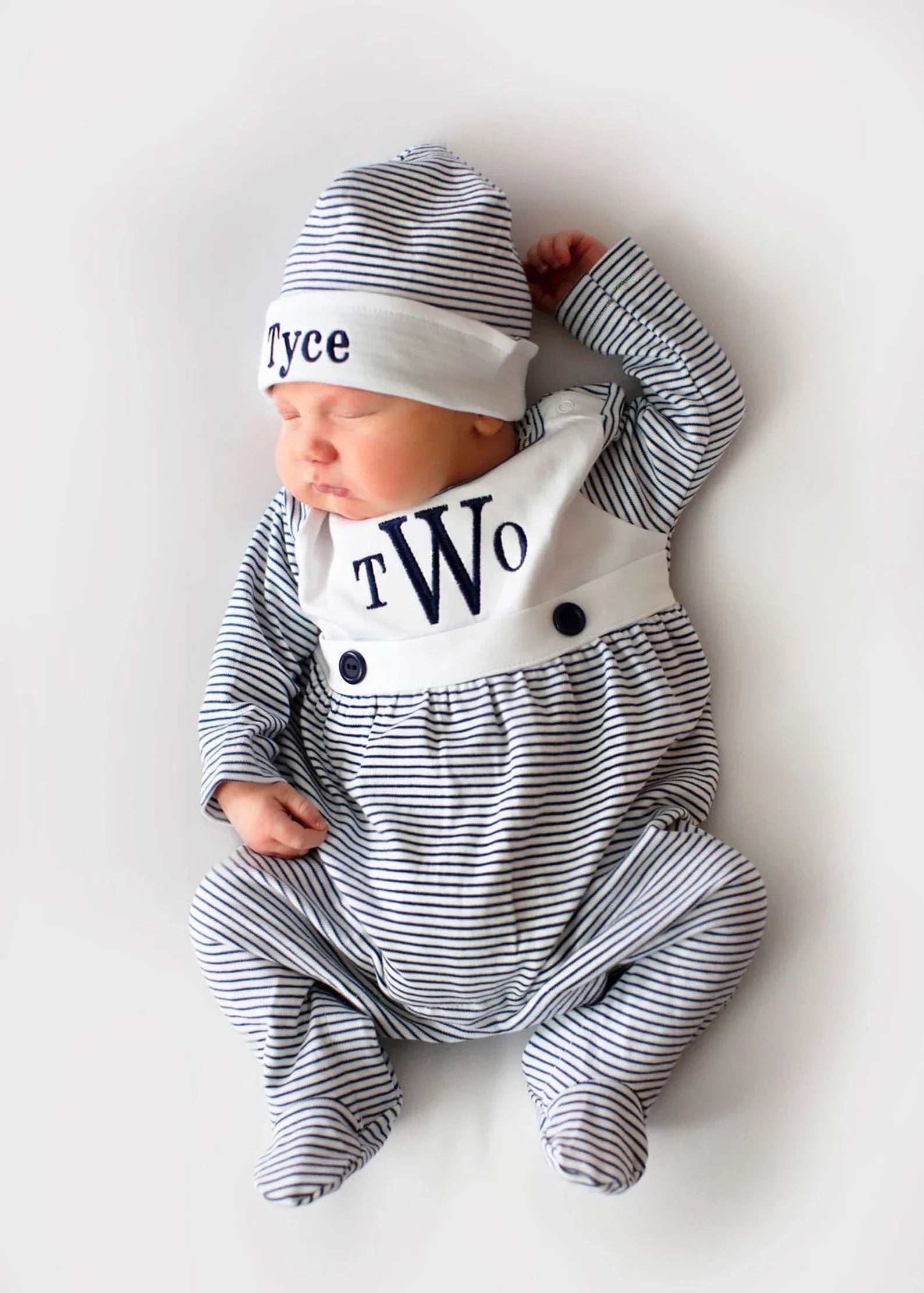 Tiny Stripe Bib Front Footie and Hat